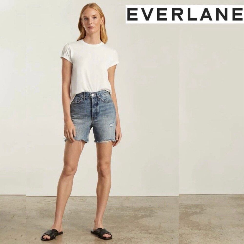 Everlane Rigid Way High Denim Jean Short High Rise Button Fly Medium Wash Sz 26